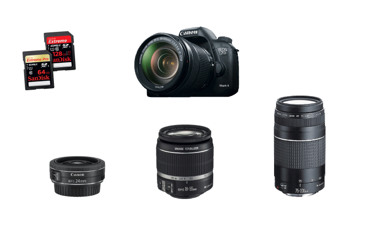 Picture of Photography Gear including: Canon 7D Mark II Camera, Sandisk 64-128 Storage Media, Canon 24mm f/2.8 Lens, Canon 18-55 f/3.5-5.6 Lens, and Canon 75-300 f/4-5.6 Telephoto Zoom Lens